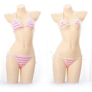 Sexig uppsättning japansk underkläder lolita kawaii blå rosa vit randig mini bikini vuxen cosplay erotiska dräkter bh kvinnor underkläder 231129