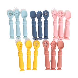 Cups Dishes Utensils Baby Spoon Fork Set Food Grade Silicone Meal Sticky Soup Spoon Solid Color Kids Cutlery Training Spoon Cuchara Aprendizaje Bebe P230314