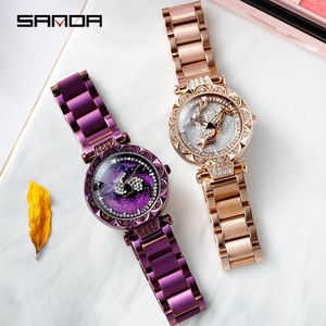 Orologi da polso SANDA Orologio da donna Studentesse Cintura d'acciaio semplice Stelle Ulzzang Rete impermeabile Quarzo rosso Donna 1023