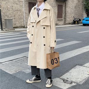 Men's Trench Coats Trendy Men's Solid Color Double Breasted Windbreaker Fashion Casual Oversized Korean Ins Belt Loose Chic Long Male