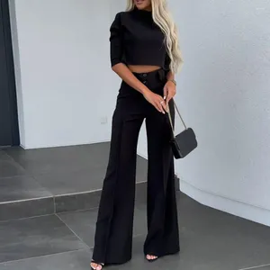 Women's Two Piece Pants Women Top Suit Straight Wide Leg High Waist Half-high Collar Three-quarter Sleeve Crop Lady Commute Trousers