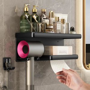 Bathroom Shelves Hair Dryer Holder Bathroom Cradle Wall Mounted Hairdryer Organizer Space Aluminum No Drilling Stand Shelf Storage Accessories 231124