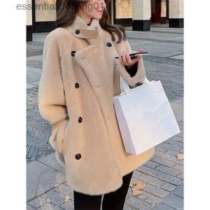 Mulheres para baixo parkas casacos de lã misturar ofertas femininas casaco de tecido misturado mulher longo inverno 2023 outerwear pele carneiro novas jaquetas coreano luxo l231129