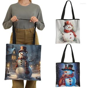 Sacos de compras bonito boneco de neve de natal impressão inverno neve floco de neve feminina sacola reutilizável grande capacidade de armazenamento bolsa presente