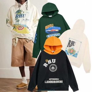 Xsvf Homens Mulheres Designer Rhude Carta Impressão Pulôver Suéter Solto Manga Longa Com Capuz Retro High Street Full Zip Up Algodão Tops Us Tamanho S-XL