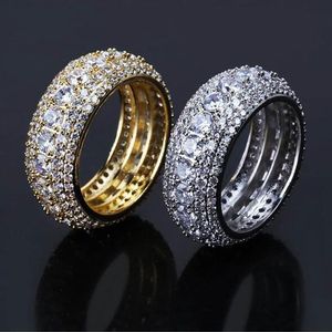 Anelli Hip Hop da uomo Bling Royal 360 Eternity in oro argento CZ 5 file di zirconi cubici con micro pavé di diamanti placcati in oro giallo 18 carati2351