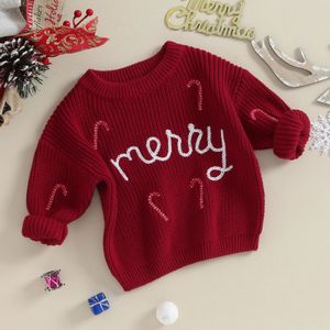 セットメリークリスマスチルドレン服の女の子の男の子編みセーター長袖キャンディケイン刺繍かぎ針編みプルオーバーキッズニットウェア231129