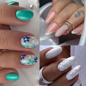 Falska naglar enkla franska manikyr vita skivor långa och korta ovala nagelpips dis grön blomma avtagbar press på kvinnor