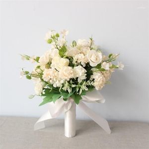 Mini Roses Bouquet With Ribbon Artificial Flowers Bridal Wedding Flower Home Party Travel Ornaments1279y