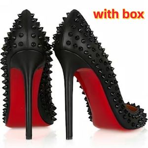 Pointed High Heels for Women Pumps Designer Rivets Shoes Red Shiny Bottom Nude Black Patent Leather 8cm 10cm 12cm Thin Heel Luxury Summer Wedding Shoes with Box 34-44