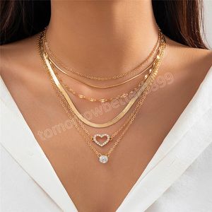 6Pcs Flache Schlange Dünne Kette Halskette Frauen Trendy Vintage Hohl Strass Liebe Herz Anhänger Halsband Ästhetischen Schmuck