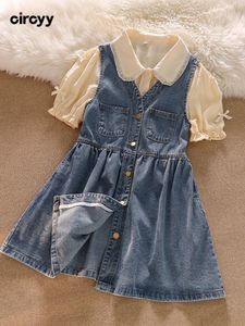 Two Piece Dress Circyy Set Chic Fashion Denim Camisole 2 Short Sleeve Peter Pan Collar Shirt Summer Casual Sweet Clothes 230428