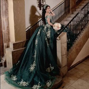 Черновато-зеленые платья Quinceanera с открытыми плечами и аппликациями, кружевные бусины, бальное платье на день рождения, блестящие сладкие 16 платьев на шнуровке