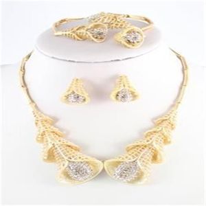 African Dubai Wedding Jewelry Set Fashion 18K Gold Plated Morning Glory Crystal Necklace Bangle Ring Earring Set256z