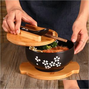 Bowls Japanese Style Rice Noodle Bowl With Lid Spoon And Chopstick Kitchen Tableware Ceramic Salad Soup Food Container Dinnerware Dr Dhq9O
