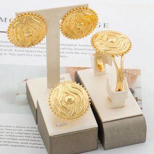 Wedding Jewelry Sets Dubai Gold Plated Set for Women Round Earrings and Bangle Ring 3Pcs Engagement Party Jewellery Necklace Gifts 231128