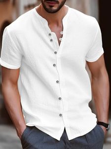Мужские классические рубашки в стиле ретро, летняя мужская повседневная хлопково-льняная рубашка с воротником-стойкой, однотонный свободный топ с v-образным вырезом и короткими рукавами, красивая рубашка, размер США 231129