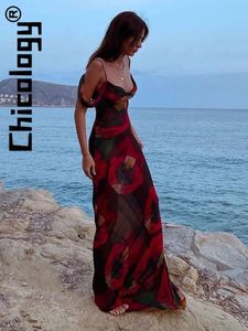 Grundlegende Freizeitkleider Chicology Damen Chiffon-bedrucktes Träger-Maxikleid mit schwingendem Kragen, figurbetont, sexy, elegant, Strandurlaub, Festival, Hawaii-Outfit 231129