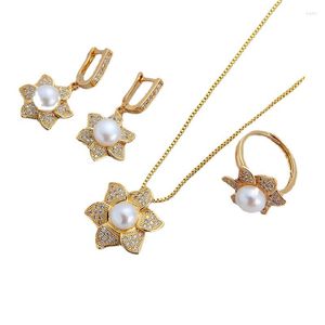 Necklace Earrings Set Bridal Jewelry Copper Alloy Zircon Pearl Pendant Ring Of Three