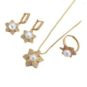 Collana Orecchini Set Gioielli Da Sposa In Lega Di Rame Zircone Perla Pendente Anello Di Tre