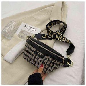 Houndstooth Plaid Women Waist Bag Canvas and PU Pack Female Fanny Ladies Wide Strap Crossbody Chest Trended Brand 2205273272