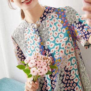 Damenblusen Seidenhemd Farbe Chrysantheme Europäische Single-bedruckte Bluse