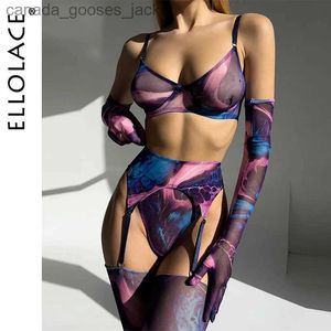 Sexy Set Ellolace Tie Dye Lingerie With Stocking Sle Sexy Fancy Underwear 5-Piece Uncensored Intimate See Through Mesh Sensual Outfits L231129