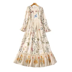 Autumn Multicolor Floral Print Beaded Dress Long Sleeve Round Neck Sequins Long Maxi Casual Dresses S3O261026