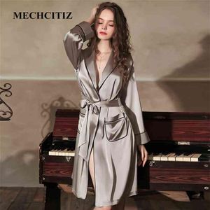 Mechcitiz Sexig Silk Satin Sleepwear BridebridEMaid Wedding Robe Gown Solid Lace Kimono Bathrobe Women Casual Home Night Dress 210220V