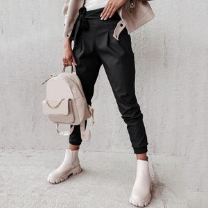 Women's Pants Faux PU Leather Pleated High Waist Black Straight Pant Women Slim Hipster Street Style Belt Long Trousers Trend Female