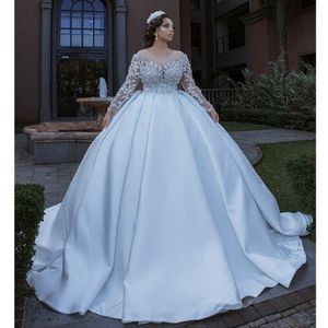 Vintage Scoop Neck Luksusowe koraliki Suknia ślubna Iluzja Akroci A-line suknie ślubne Długie rękawy kryształy szaty 3D kwiatowe sukienki narzekłe vestido de novia