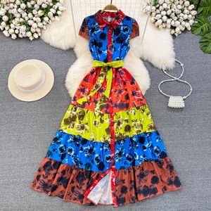 Casual Dresses Runway Fashion Women Pleated Dress Summer Designer Short Sleeve ColorBlock Vintage Print Long Party Robes Vacation 2023