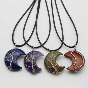 Pendant Necklaces Natural Crystal Agate Moon Men's And Women's Accessories Tree Of Life Wrapped Leather Rope Necklace Charm Jewelry 1Pcs