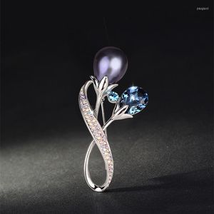 Broschen Vintage Einfache Perle Blau Lila Kristall Blume Für Frauen Luxus Silber Farbe Zirkon Legierung Pflanze Brosche Sicherheitsnadeln