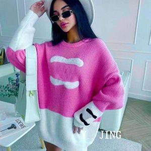 Kvinnor C Slästa designtröja Pink Letter Brodery Pullover Girls Lång ärm Sweatshirt mode kontrasterande färger Knitkläderrockar