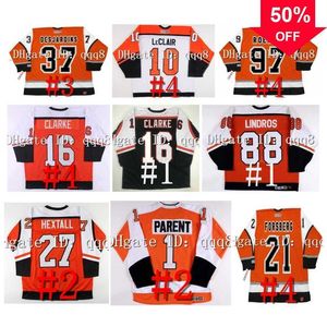 QQQ8 Koleji Hokey Giyiyor NA85 Vintage Flyers Retro Hokey Jersey John Leclair Eric Desjardins Pelle Lindbergh Rick Tocchet Bobby Clarke Peter FO