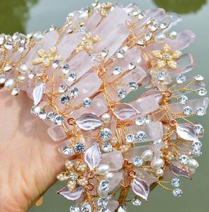 Wedding Hair Jewelry Natural Crystal Crown Rose Quartz Headband Elf Tiaras Flower Rhinestone Hair Accessories Handmade Wedding Party Festival Gifts 231128