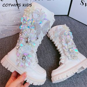 Stivali Ragazze Alta 2023 Autunno Inverno Bambino Bambini Principessa Marchio di moda Ginocchio Lungo Bambini Cristalli Fiore Scarpe Fatte A Mano 231128