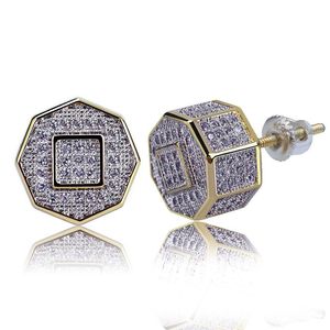 18k Gold Plated Hip Hop -rappare Iced Out CZ Cubic Zirconia Polygon Stud örhängen Full Diamond Earring Studs smycken gåvor till pojkar 260W