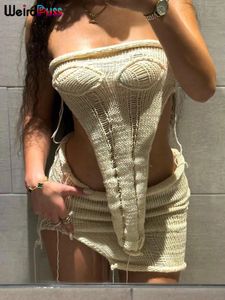 Vestido de duas peças esquisito de puss de crochê sexy mulheres de 2 peças com mangas de mangas de mangas de tubo irregular de topstassel skinny lares skirt clubes de roupas combinando roupas 230428