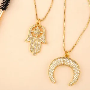 Pendant Necklaces White Zircon Moon Fatima Hand Hamsa Charm Necklace For Women Pave CZ Sweater Chain Crescent Clavicle Choker Jewelry Gift