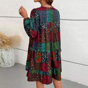 Casual Dresses Woemn Fall Spring Dress Patchwork Tryck Långärmad bohe rund hals Lossa A-Line Ruffle Big Swing ovanför knälängd Mini