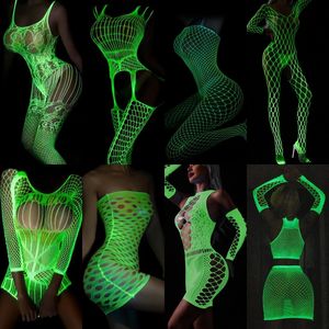 مثير بيجاماس فانتازيا المتوهجة المتوهجة جوفاء الشبكة الشبكة السمكة bodysuit bodystockings القطب daCne Clubwear Luminous Babydoll Dress