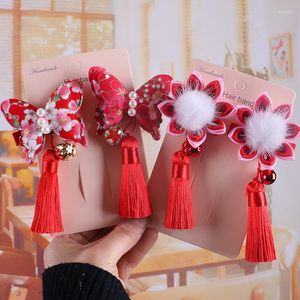 Hair Accessories 2PCS Butterfly Bells Chinese Style Girls Hairpin Plush Handmade Red Pearl Kimono Children's Series Headdress