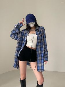 Women's Blouses Sweet Lapel Single Breasted Loose Skinny Long Sleeve Plaid Shirt Blouse Overshirt Tops Korean Blue Women Autumn U1R0