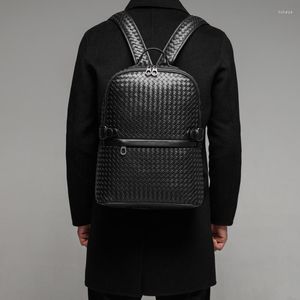 Backpack Brand Genuine Leather Men Woven Backpacks Fashion Real Natural Student Boy Luxury Weave Computer Laptop Bag