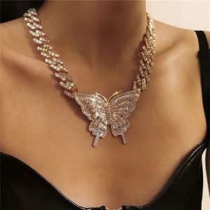 Women Butterfly Necklaces Bling Iced Out Cuban Link Chains Luxury Gold Silver Crystal Rhinestone Anime Animal Pendant Hip Hop Neck286R