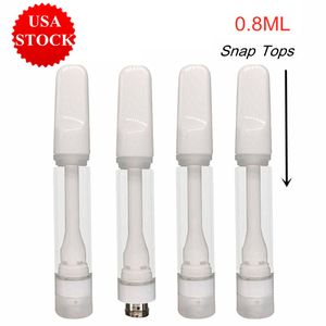 0.8ml Tam Seramik Kartuş ABD Stok Beyaz Atomizer Sepetler Snap Tops 4pcs D8 D9 D10 510 Yağ Delikleri Kalın Yağ Kartışları için Boş Cam Tank 1000 PCS/Lot