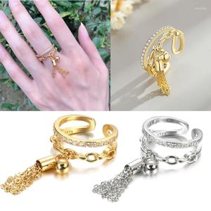 Cluster-Ringe, baumelnde Kette, Quasten-Band-Ring, verstellbar, offener Geschenk-Link, Zirkonia mit Anhänger, Finger