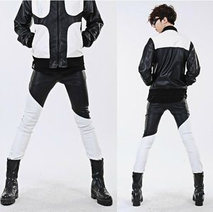 Pants 2746 Male costumes black and white patchwork leather pants men's fashion jazz dance ds costume trousers plus size lather pants